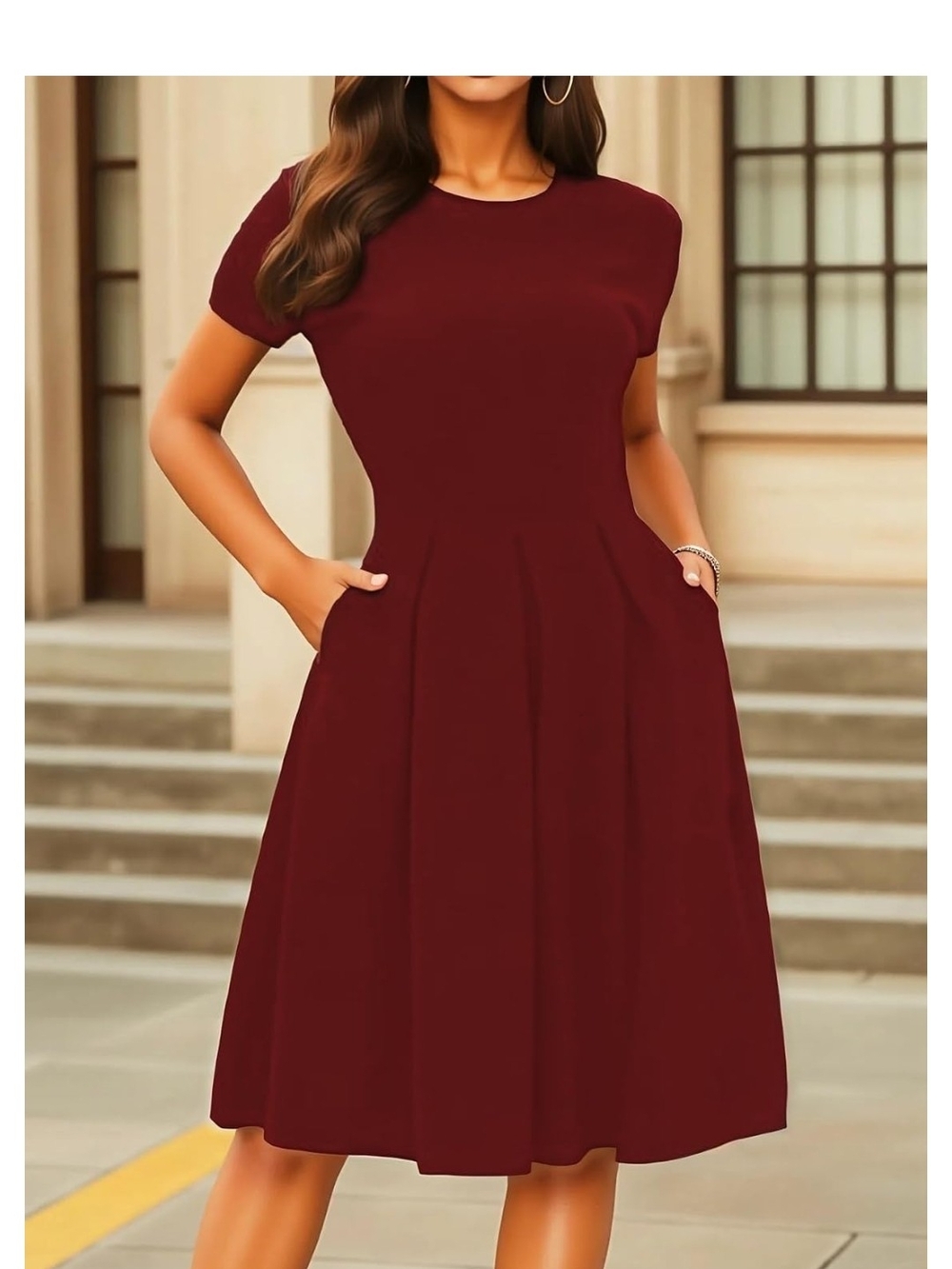 HOMEYEE Burgundy Short-Sleeve A-Line Dress — NIP — Size OXL